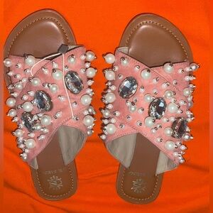 Anthropologie De Siena Genuine Leather Beaded Bejeweled Womens Flat Sandals sz36